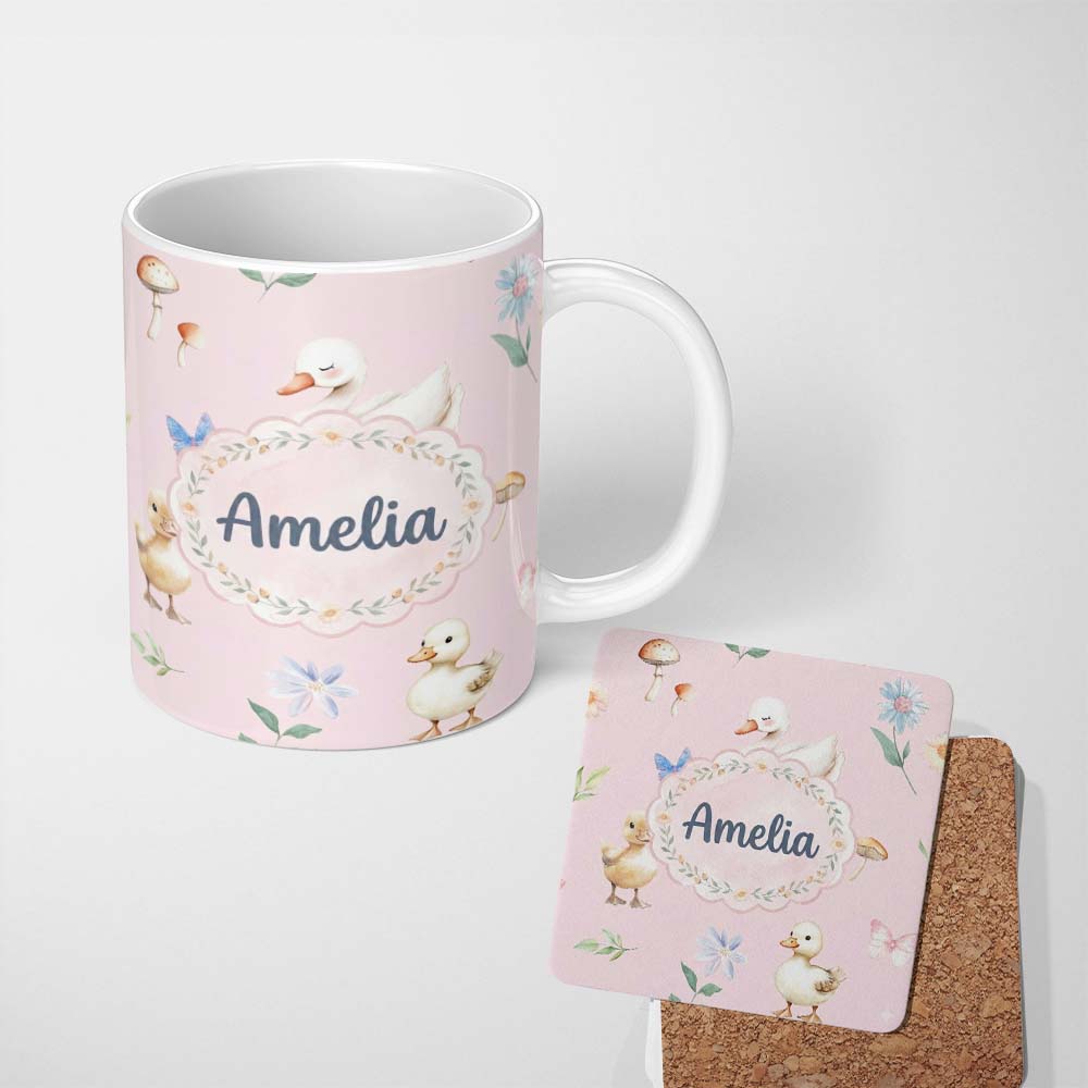 Personalized Custom Name Swan and Ducklings with Flowers Mushrooms Soft Pink Seamless 11oz Ceramic Coffee Tea Mug White Large Handle