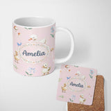 Personalized Custom Name Swan and Ducklings with Flowers Mushrooms Soft Pink Seamless 11oz Ceramic Coffee Tea Mug White Large Handle