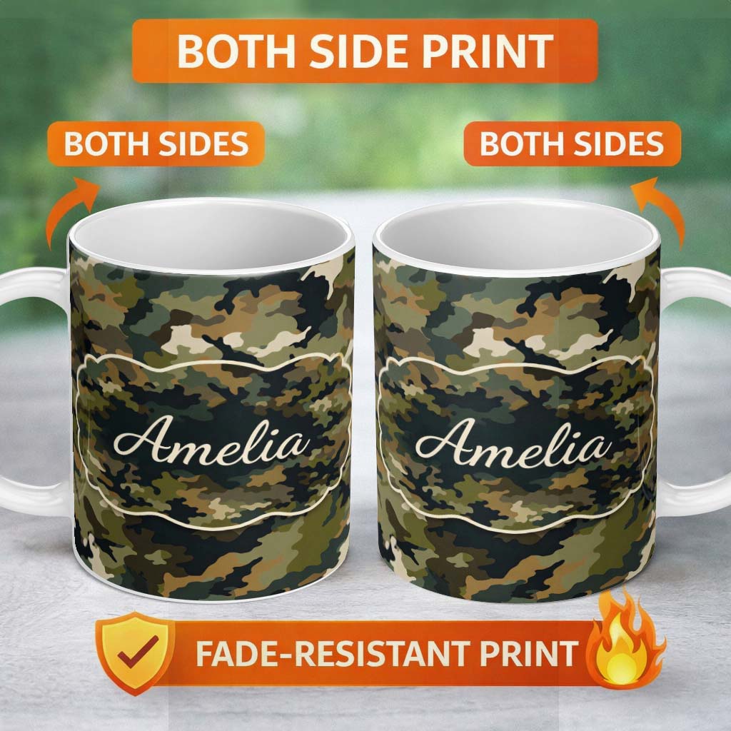 Personalized Custom Name Classic Green Brown Army Camouflage Seamless Pattern Lovely 11oz Ceramic Coffee Tea Mug White Large Handle