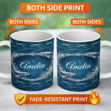 Personalized Custom Name Deep Ocean Whale Seamless Pattern Blue Marine Animal Design Lovely 11oz Ceramic Coffee Tea Mug White Large Handle
