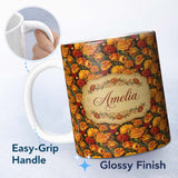 Personalized Custom Name Vintage Style Orange Chrysanthemum Floral Pattern on Warm Beige 11oz Ceramic Coffee Tea Mug White Large Handle