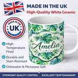 Personalized Custom Name Soft Watercolor Monstera Leaves in Fresh Green Tones Seamless Lovely 11oz Ceramic Coffee Tea Mug White Large Handle
