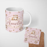 Personalized Custom Name Cute Woodland Owls with Mushrooms Leaves Soft Blush Background 11oz Ceramic Coffee Tea Mug White Large Handle