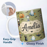 Personalized Custom Name Halloween Zombie Mummy Vampire Bat Spooky Olive Seamless Pattern 11oz Ceramic Coffee Tea Mug White Large Handle