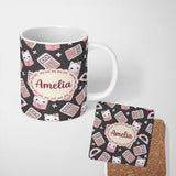 Personalized Custom Name Cute Kawaii Maths Cat Calculator Ruler Seamless Pattern Dark Grey 11oz Ceramic Coffee Tea Mug White Large Handle