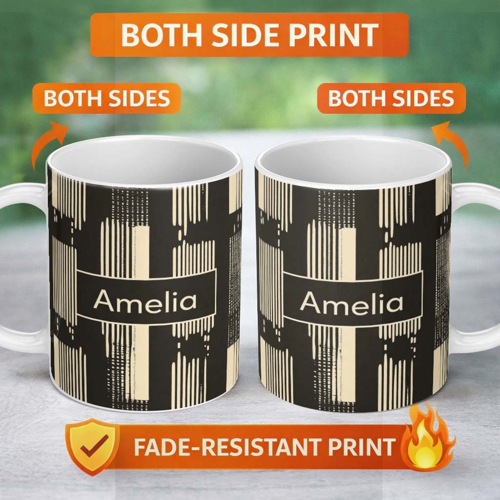 Personalized Custom Name Vertical Stripe Blocks Black Cream Hand Drawn Linear Pattern Lovely 11oz Ceramic Coffee Tea Mug White Large Handle