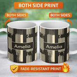Personalized Custom Name Vertical Stripe Blocks Black Cream Hand Drawn Linear Pattern Lovely 11oz Ceramic Coffee Tea Mug White Large Handle
