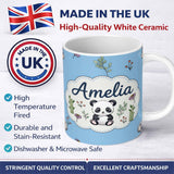 Personalized Custom Name Cute Panda Bear with Bamboo Leaves Floral Seamless Pattern Sky Blue 11oz Ceramic Coffee Tea Mug White Large Handle