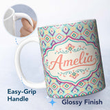 Personalized Custom Name Pastel Geometric Diamond Ikat Pattern in Aqua Pink and Yellow Lovely 11oz Ceramic Coffee Tea Mug White Large Handle