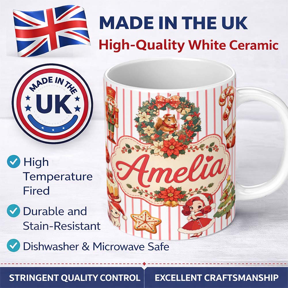 Personalized Custom Name Christmas Nutcracker Squirrel Cake Candy Cane Girl Tree Red Stripe 11oz Ceramic Coffee Tea Mug White Large Handle