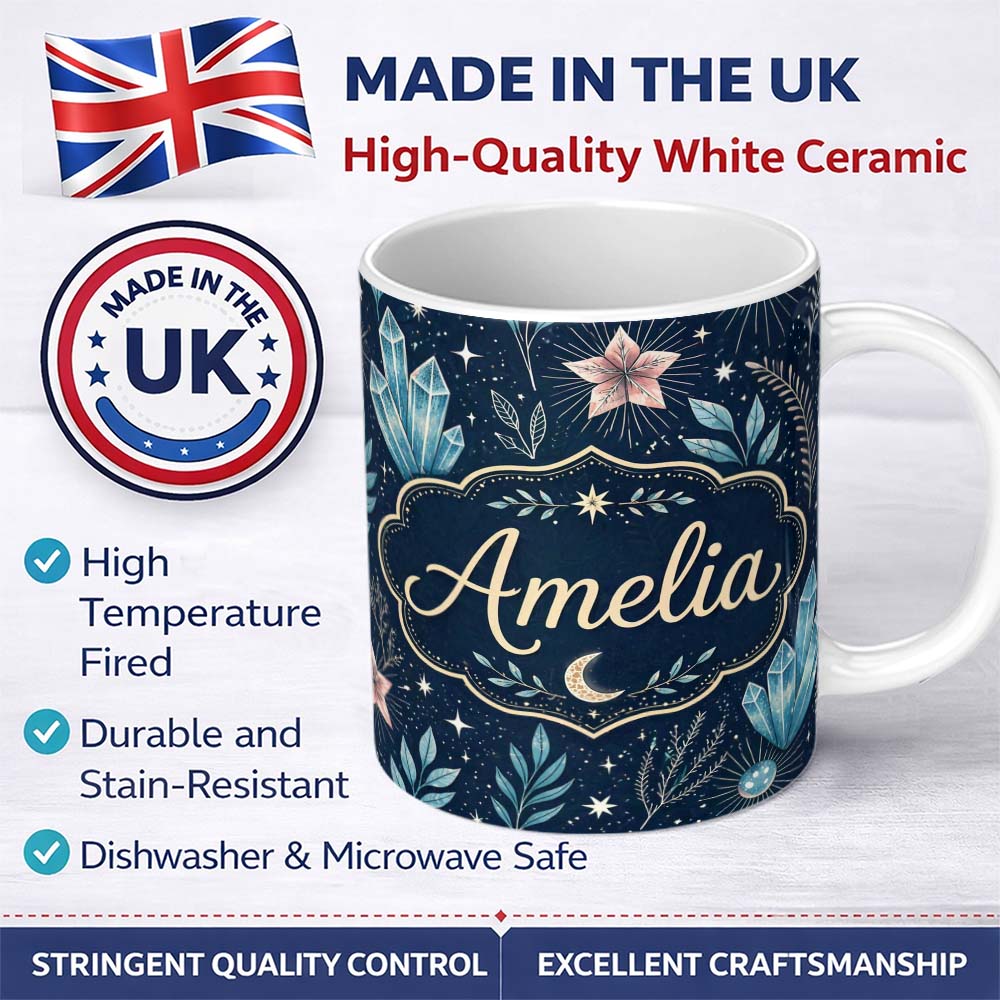 Personalized Custom Name Celestial Butterfly Moon Stars Night Sky Botanical Seamless Pattern 11oz Ceramic Coffee Tea Mug White Large Handle