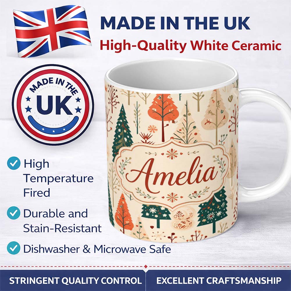 Personalized Custom Name Scandinavian Style Christmas Trees Forest Seamless Pattern Lovely 11oz Ceramic Coffee Tea Mug White Large Handle