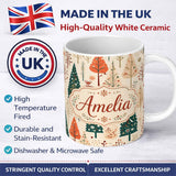 Personalized Custom Name Scandinavian Style Christmas Trees Forest Seamless Pattern Lovely 11oz Ceramic Coffee Tea Mug White Large Handle