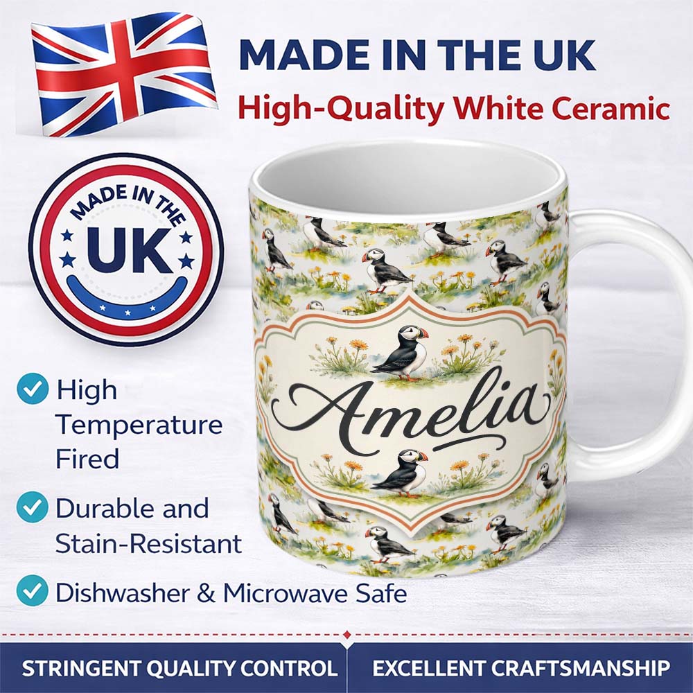 Personalized Custom Name Watercolor Puffin Birds in Floral Meadow Garden Seamless Pattern 11oz Ceramic Coffee Tea Mug White Large Handle