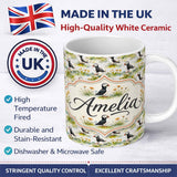 Personalized Custom Name Watercolor Puffin Birds in Floral Meadow Garden Seamless Pattern 11oz Ceramic Coffee Tea Mug White Large Handle