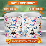 Personalized Custom Name Artistic Watercolor Butterflies with Paint Splash Effect Seamless 11oz Ceramic Coffee Tea Mug White Large Handle
