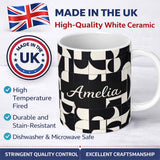 Personalized Custom Name Abstract Cutout Grid Black Cream Modern Geometric Pattern Lovely 11oz Ceramic Coffee Tea Mug White Large Handle