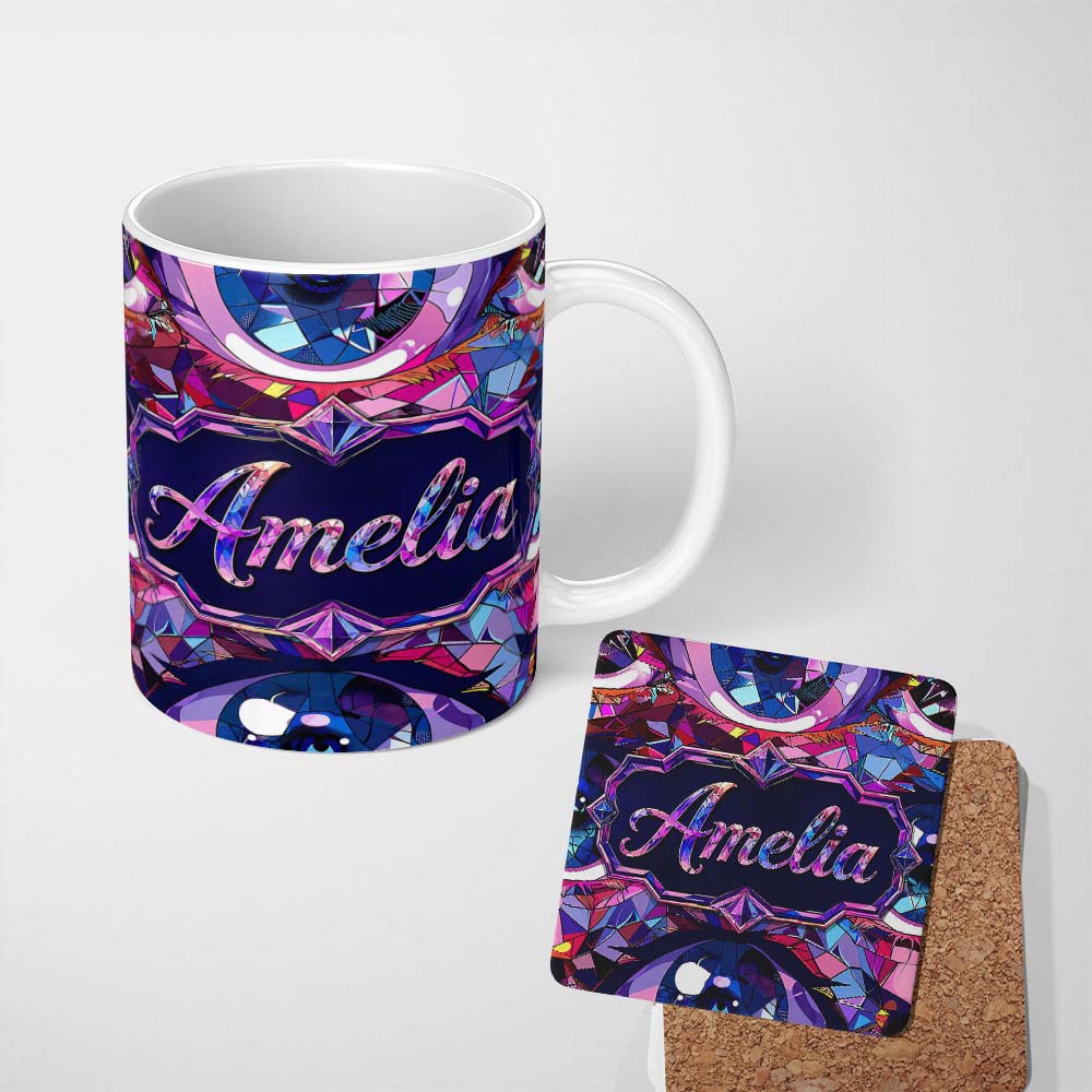 Personalized Custom Name Colorful Geometric Eye Mosaic Seamless Pattern Modern Abstract 11oz Ceramic Coffee Tea Mug White Large Handle