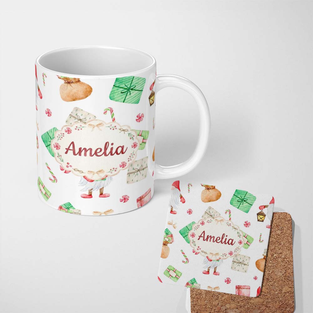 Personalized Custom Name Cute Christmas Gnome Present Candy Cane Holiday Seamless Pattern 11oz Ceramic Coffee Tea Mug White Large Handle