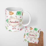 Personalized Custom Name Cute Christmas Gnome Present Candy Cane Holiday Seamless Pattern 11oz Ceramic Coffee Tea Mug White Large Handle