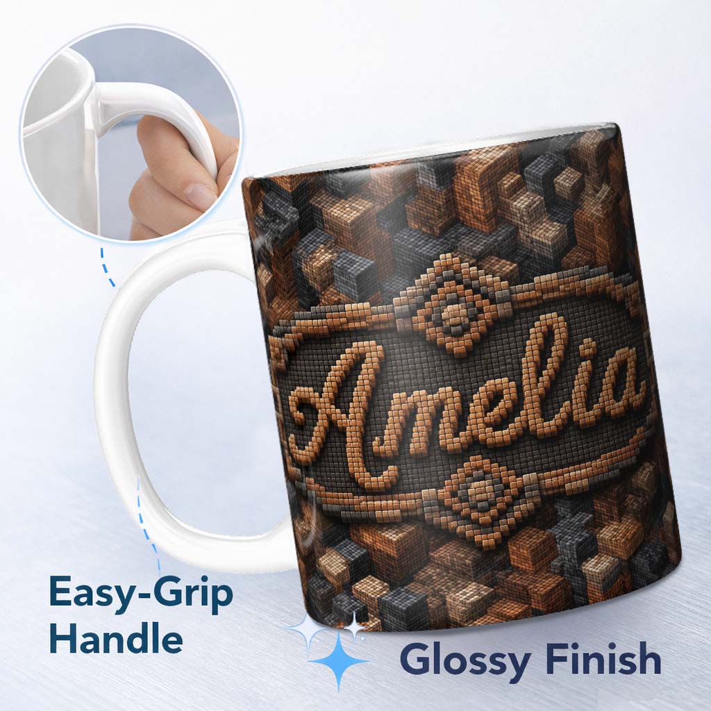 Personalized Custom Name Brown Grey 3D Block Terrain Abstract Seamless Pattern Lovely 11oz Ceramic Coffee Tea Mug White Large Handle