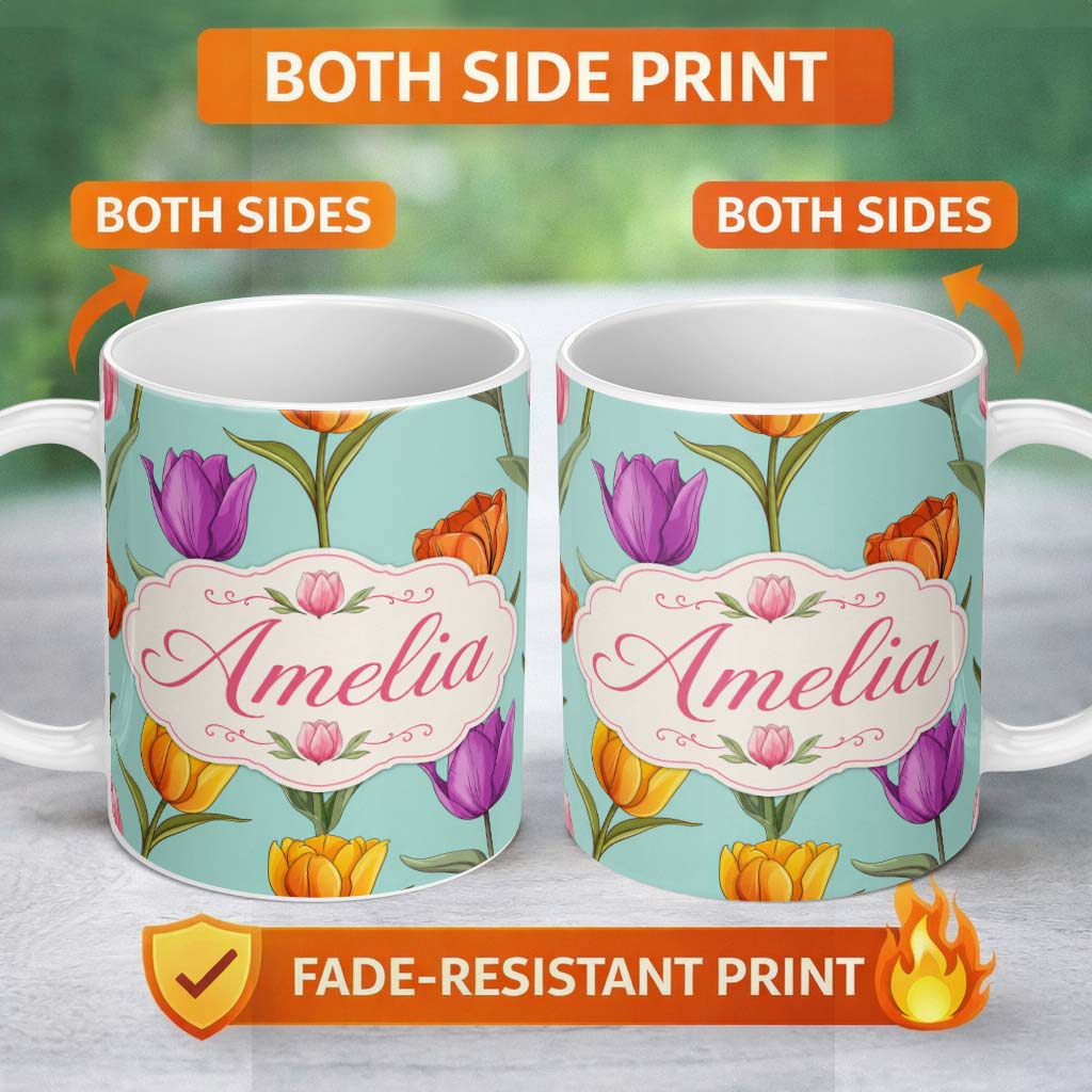 Personalized Custom Name Elegant Tulip Floral Seamless Pattern Teal Background Spring Flowers 11oz Ceramic Coffee Tea Mug White Large Handle