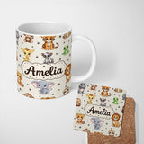 Personalized Custom Name Cute Cartoon Safari Animals with Stars on Beige Background Nursery 11oz Ceramic Coffee Tea Mug White Large Handle