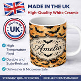 Personalized Custom Name Watercolour Flying Bats on Warm Orange Cloud Background Halloween 11oz Ceramic Coffee Tea Mug White Large Handle