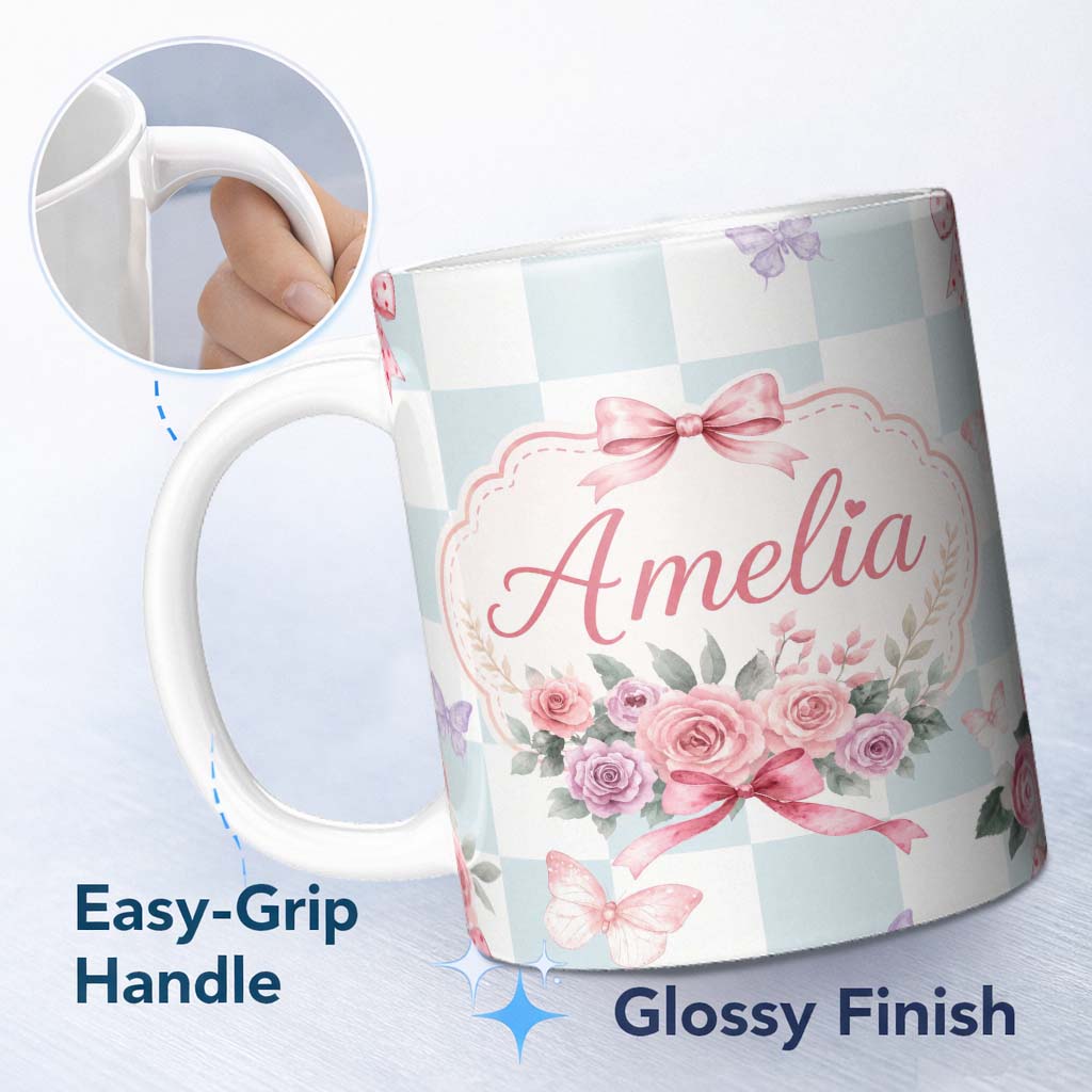 Personalized Custom Name Elegant Watercolor Rose Bouquet Ribbon Butterfly Soft Blue Check 11oz Ceramic Coffee Tea Mug White Large Handle