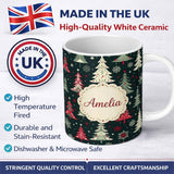 Personalized Custom Name Nordic Christmas Trees Red White Green Snowflakes Festive Seamless 11oz Ceramic Coffee Tea Mug White Large Handle
