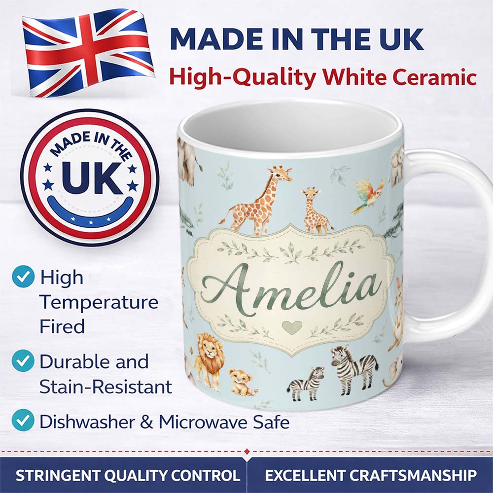 Personalized Custom Name Cute Safari Animals Giraffe Lion Zebra Parrot Seamless Pattern Blue 11oz Ceramic Coffee Tea Mug White Large Handle