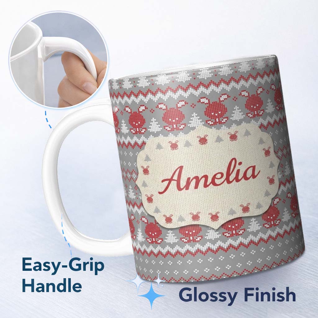 Personalized Custom Name Cute Reindeer Tree Knit Pattern Grey Red White Christmas Sweater 11oz Ceramic Coffee Tea Mug White Large Handle