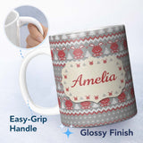 Personalized Custom Name Cute Reindeer Tree Knit Pattern Grey Red White Christmas Sweater 11oz Ceramic Coffee Tea Mug White Large Handle