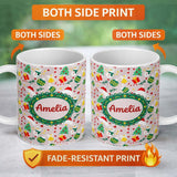 Personalized Custom Name Cute Snowman Tree Candy Cane Ornaments Holiday Seamless Pattern 11oz Ceramic Coffee Tea Mug White Large Handle
