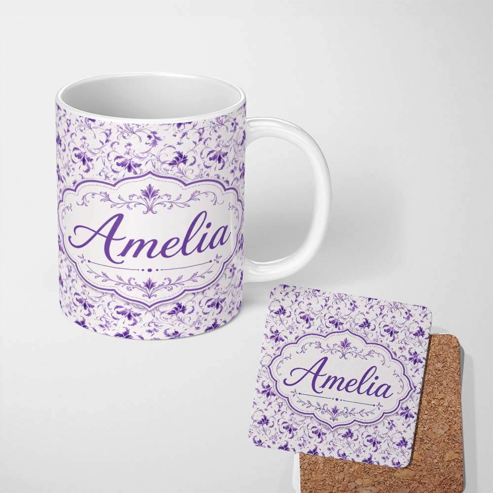 Personalized Custom Name Delicate Purple Floral Vine Ditsy Seamless Pattern Cute Unique Gift 11oz Ceramic Coffee Tea Mug White Large Handle