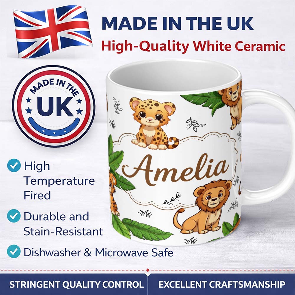 Personalized Custom Name Cute Jungle Animals Lion Tiger Leopard Blush Pink Background Lovely 11oz Ceramic Coffee Tea Mug White Large Handle