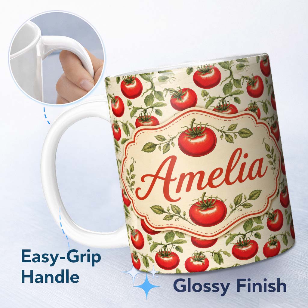 Personalized Custom Name Classic Red Tomatoes with Leaves on Neutral Background Seamless 11oz Ceramic Coffee Tea Mug White Large Handle