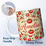 Personalized Custom Name Classic Red Tomatoes with Leaves on Neutral Background Seamless 11oz Ceramic Coffee Tea Mug White Large Handle