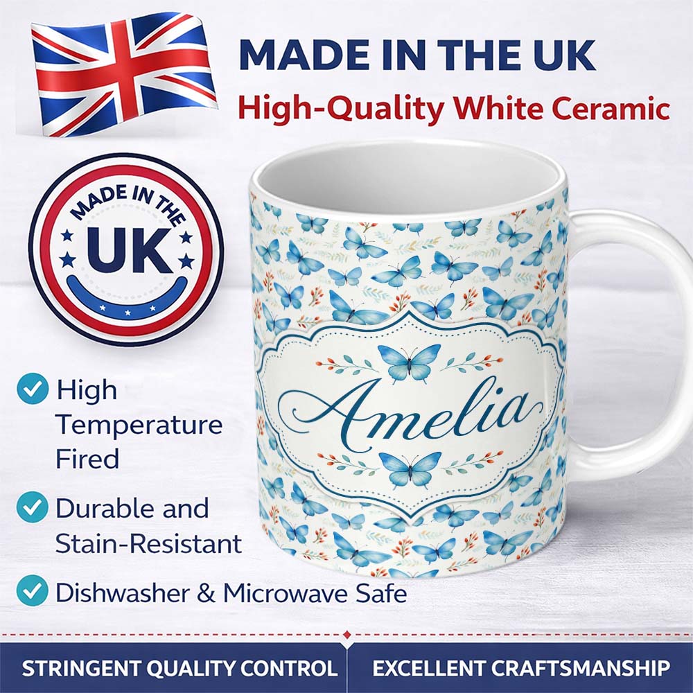 Personalized Custom Name Blue Butterfly Watercolor Floral Delicate Seamless Pattern Lovely 11oz Ceramic Coffee Tea Mug White Large Handle