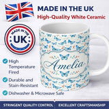 Personalized Custom Name Blue Butterfly Watercolor Floral Delicate Seamless Pattern Lovely 11oz Ceramic Coffee Tea Mug White Large Handle
