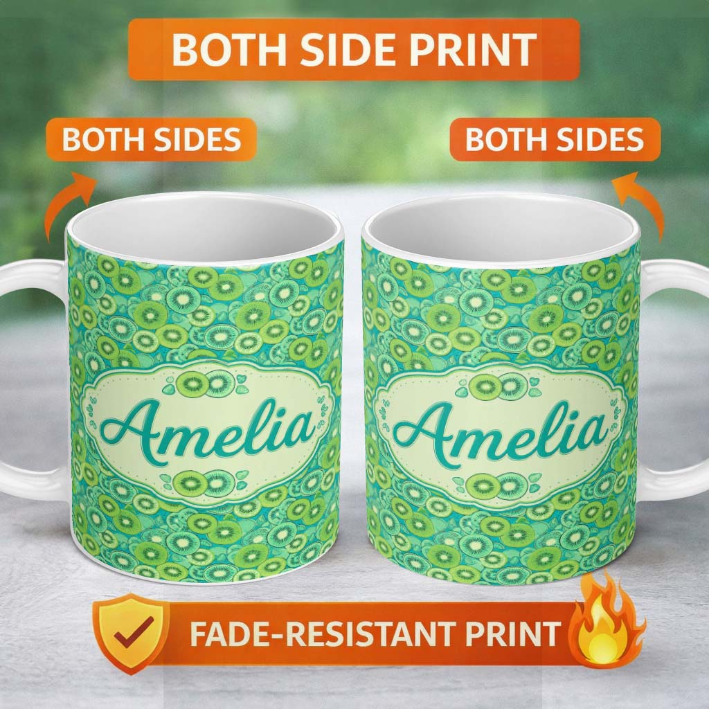Personalized Custom Name Bold Kiwi Citrus Mix Dense Seamless Pattern on Teal Background 11oz Ceramic Coffee Tea Mug White Large Handle