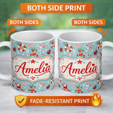 Personalized Custom Name Cool Santa Reindeer Summer Holiday Seamless Pattern Fun Christmas 11oz Ceramic Coffee Tea Mug White Large Handle