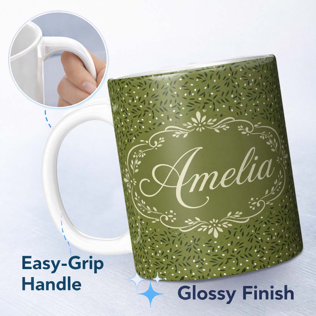 Personalized Custom Name Green Olive Leaf Scatter Seamless Pattern Organic Nature Design 11oz Ceramic Coffee Tea Mug White Large Handle