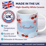 Personalized Custom Name Cherry Bow Ribbon Cute Decorative Cherry Seamless Pattern Lovely 11oz Ceramic Coffee Tea Mug White Large Handle