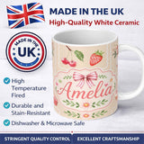Personalized Custom Name Cute Strawberry Cherry Ribbon Bow Sweet Dessert Pastel Cream Lovely 11oz Ceramic Coffee Tea Mug White Large Handle