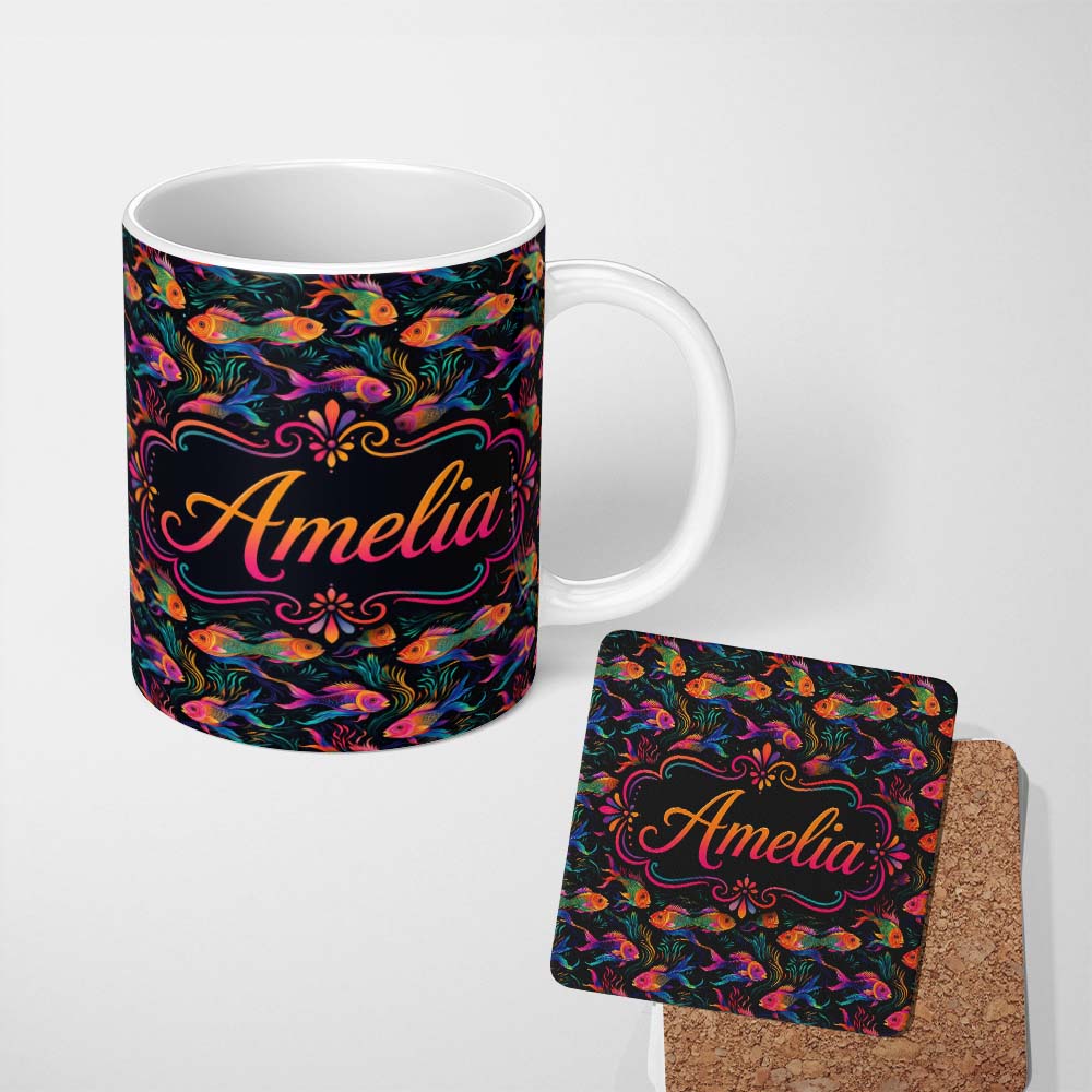 Personalized Custom Name Bright Rainbow Fish with Flowing Seaweed on Dark Background Seamless 11oz Ceramic Coffee Tea Mug White Large Handle