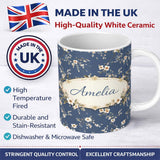 Personalized Custom Name Elegant Navy Floral Vine Delicate Botanical Charming Kitchen Decor 11oz Ceramic Coffee Tea Mug White Large Handle