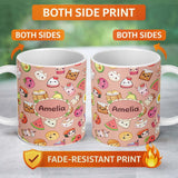 Personalized Custom Name Cute Kawaii Food Characters Seamless Pattern Peach Background Fun 11oz Ceramic Coffee Tea Mug White Large Handle