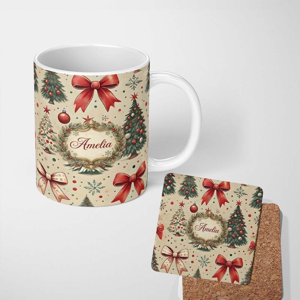 Personalized Custom Name Vintage Christmas Trees Red Bows Ornaments Seamless Pattern Lovely 11oz Ceramic Coffee Tea Mug White Large Handle