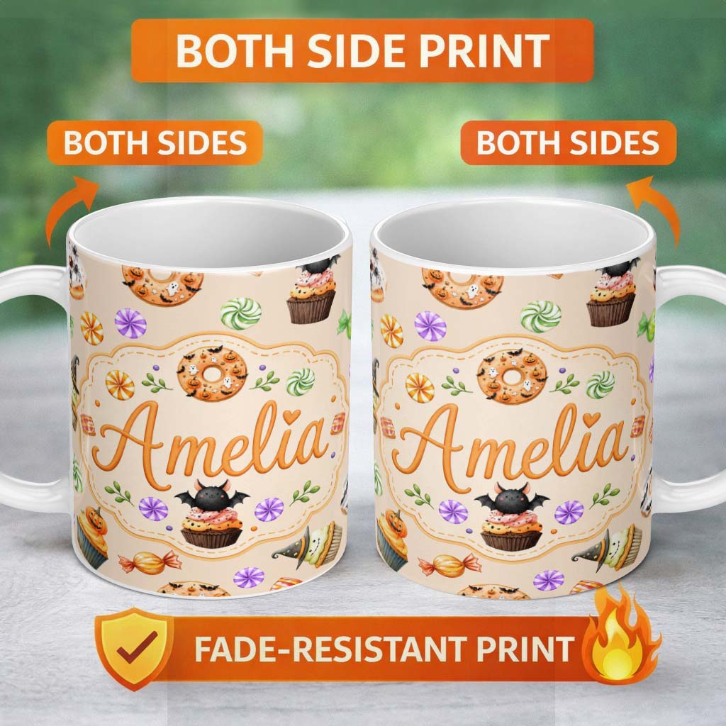 Personalized Custom Name Cute Halloween Donuts Sweets Spooky Treats Beige Background 11oz Ceramic Coffee Tea Mug White Large Handle